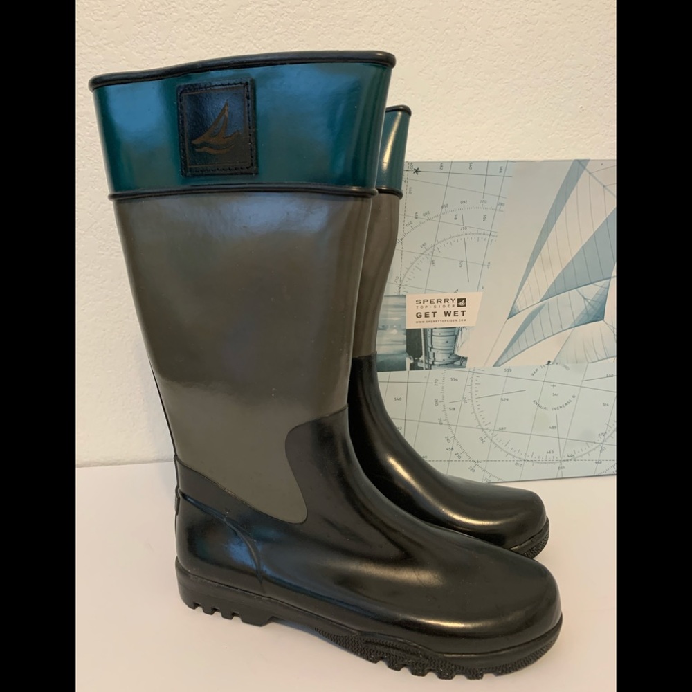 SPERRY WOMENS GET WET RAIN BOOTS GRAY HUNTER GREEN BLACK TALL SIZE 8